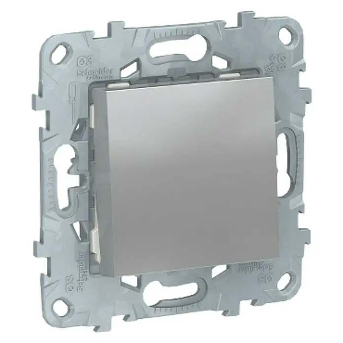 Schneider Electric New Unica Conmutador - Aluminio, Colocar - Primer plano de un interruptor de luz Schneider Electric en gris, que combina funcionalidad y diseño moderno para cualquier habitación.
