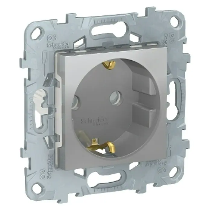 Schneider Electric New Unica Enchufe - Aluminio, Plástico, Colocar - Primer plano de un enchufe Schneider Electric, destacando la construcción robusta y las características de diseño del producto.