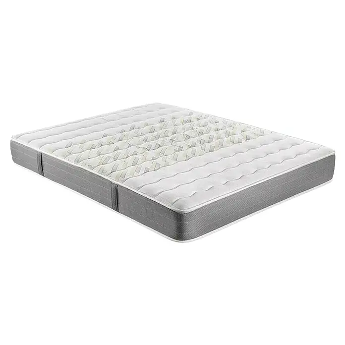 Espacio Descanso Colchón - Largo: 190 cm, Ancho: 90 cm, Altura: 24 cm, Espuma HR y Viscoelástica, Colchón a 2 caras - Primer plano de un colchón moderno con borde gris y superficie acolchada. El colchón de alta calidad garantiza un confort óptimo para dormir.