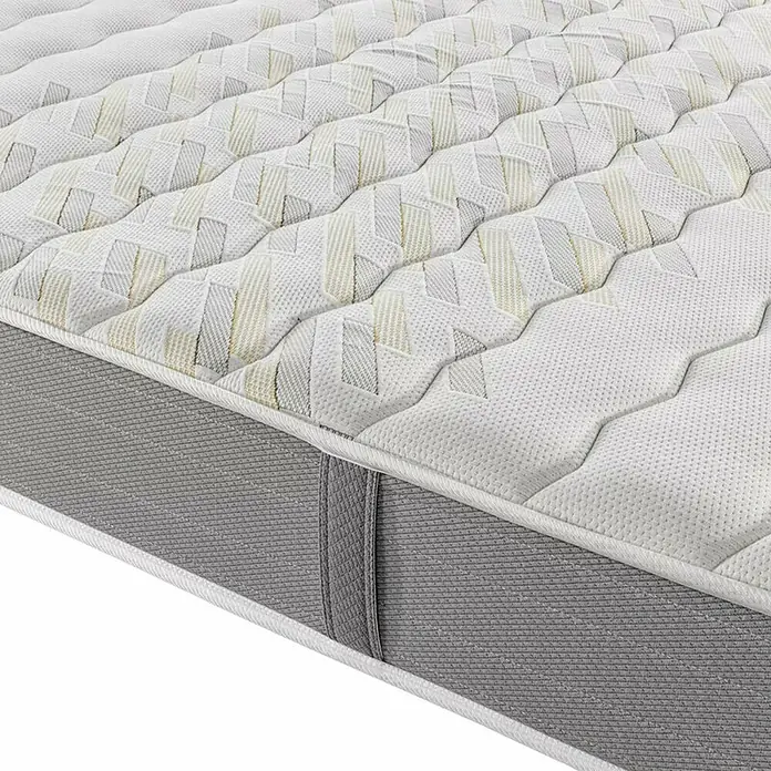 Espacio Descanso Colchón - Largo: 190 cm, Ancho: 90 cm, Altura: 24 cm, Espuma HR y Viscoelástica, Colchón a 2 caras - Primer plano de un colchón con borde gris y diseño estampado con formas geométricas.