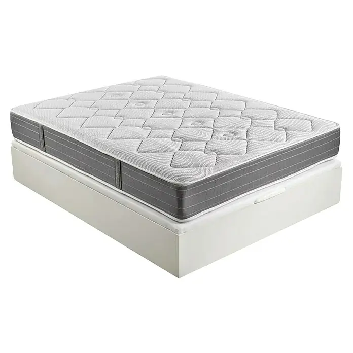 Espacio Descanso Canapé y colchón - L x An x Al: 190 x 90 x 58 cm, Blanco, Abatible, Muelles ensacados y Viscoelástica - Modelo de colchón de alta calidad sobre un armazón de cama blanco. El colchón presenta un diseño acolchado y un borde gris.