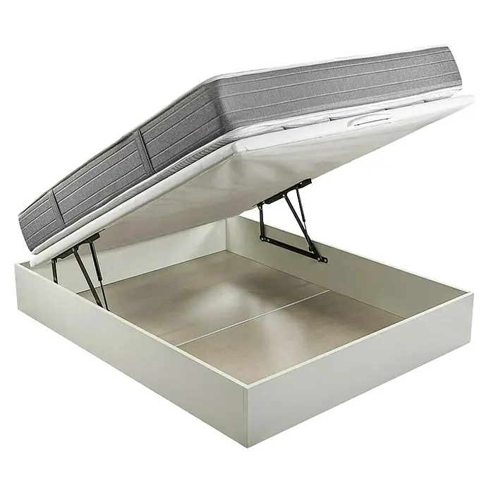 Espacio Descanso Canapé y colchón - L x An x Al: 190 x 90 x 58 cm, Blanco, Abatible, Muelles ensacados y Viscoelástica - Estructura de cama abierta con almacenamiento debajo, colchón parcialmente visible. Solución práctica para espacio adicional en el dormitorio.