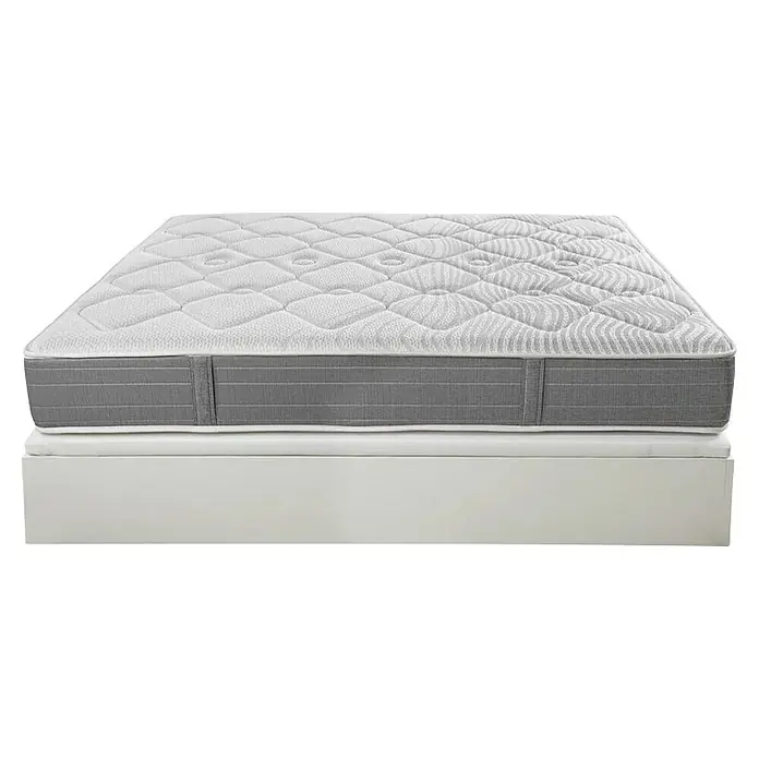 Espacio Descanso Canapé y colchón - L x An x Al: 190 x 90 x 58 cm, Blanco, Abatible, Muelles ensacados y Viscoelástica - Colchón con una parte superior acolchada y un panel lateral gris sobre un marco de cama blanco.