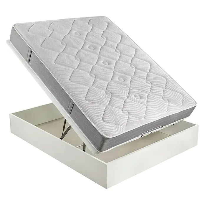 Espacio Descanso Canapé y colchón - L x An x Al: 190 x 90 x 58 cm, Blanco, Abatible, Muelles ensacados y Viscoelástica - Una cama con somier abatible que revela un práctico espacio de almacenamiento, perfecta para ahorrar espacio en dormitorios.