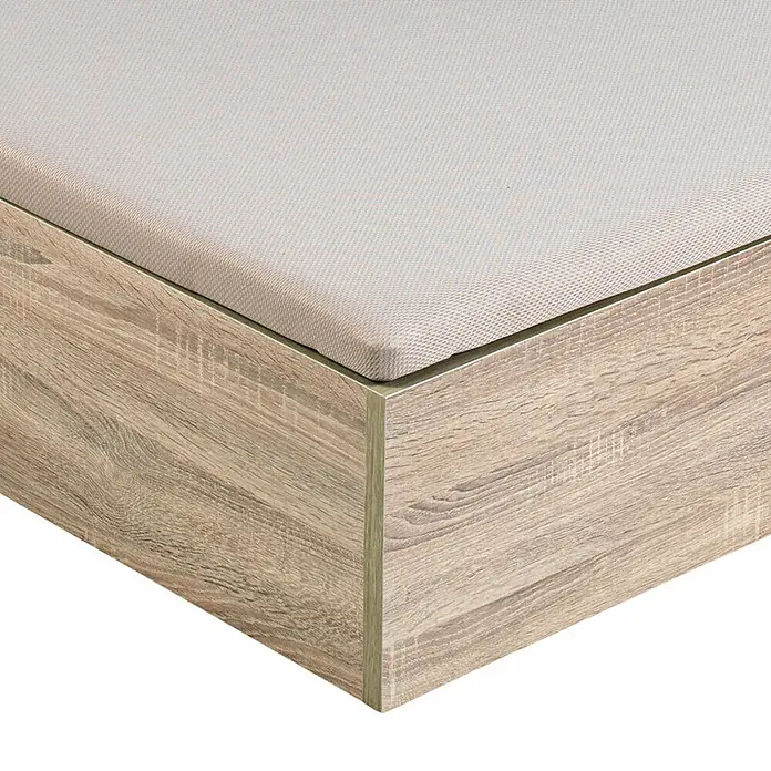 Espacio Descanso Canapé - L x An x Al: 190 x 105 x 32 cm, Natural, Abatible - Detalle de un banco de madera clara con asiento tapizado. El mueble se caracteriza por su elegancia sencilla y funcional.