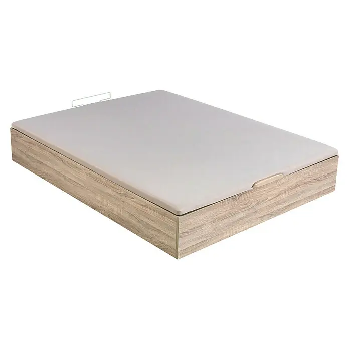 Espacio Descanso Canapé - L x An x Al: 190 x 105 x 32 cm, Natural, Abatible - La imagen muestra una cama con un marco de color madera y un colchón gris claro. La cama presenta una estética sencilla y moderna.