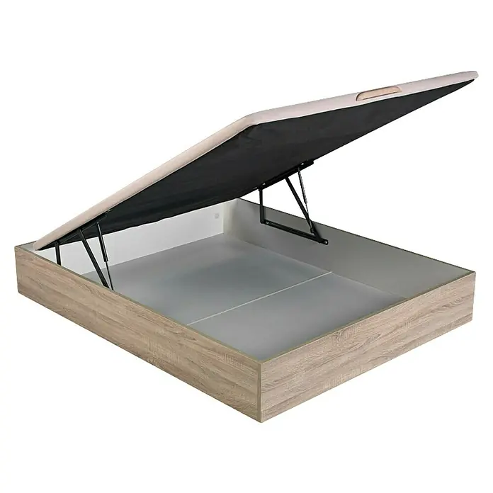 Espacio Descanso Canapé - L x An x Al: 190 x 105 x 32 cm, Natural, Abatible - Una cama de almacenamiento abierta con un marco de madera clara y una base de cama abatible, que ofrece espacio adicional.