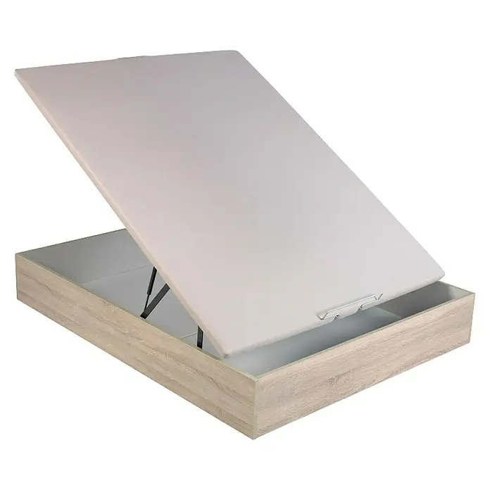 Espacio Descanso Canapé - L x An x Al: 190 x 105 x 32 cm, Natural, Abatible - La imagen muestra una cama con base de almacenamiento con efecto de madera clara. La base de almacenamiento está abierta, revelando el interior.