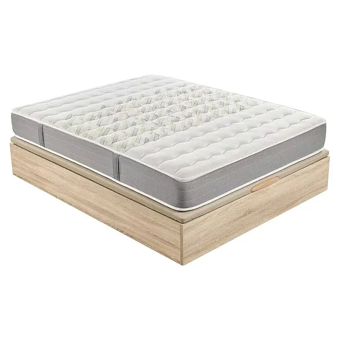 Espacio Descanso Canapé y colchón - L x An x Al: 190 x 90 x 56 cm, Natural, Abatible, Espuma HR y Viscoelástica - Una cómoda cama boxspring con un colchón de alta calidad sobre un marco de madera, ideal para un sueño reparador y un diseño de dormitorio elegante.