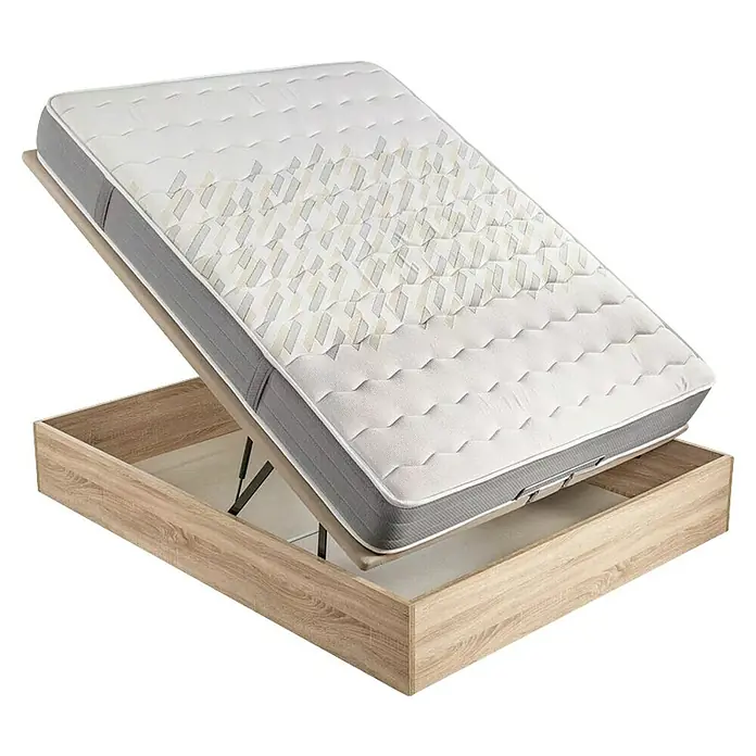 Espacio Descanso Canapé y colchón - L x An x Al: 190 x 90 x 56 cm, Natural, Abatible, Espuma HR y Viscoelástica - Aquí hay una cama moderna con un somier de láminas que se puede levantar para crear espacio de almacenamiento adicional. La cama tiene un diseño sencillo y moderno.