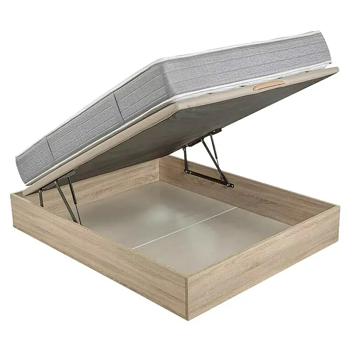 Espacio Descanso Canapé y colchón - L x An x Al: 190 x 90 x 58 cm, Natural, Abatible, Muelles ensacados y Viscoelástica - La imagen muestra una estructura de cama con somier elevable y espacio de almacenamiento integrado. Un colchón gris se encuentra sobre el somier.