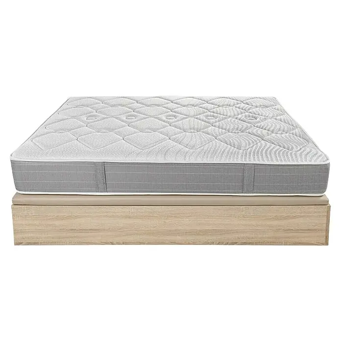 Espacio Descanso Canapé y colchón - L x An x Al: 190 x 90 x 58 cm, Natural, Abatible, Muelles ensacados y Viscoelástica - Un primer plano de un colchón nuevo colocado sobre una estructura de madera en un dormitorio.