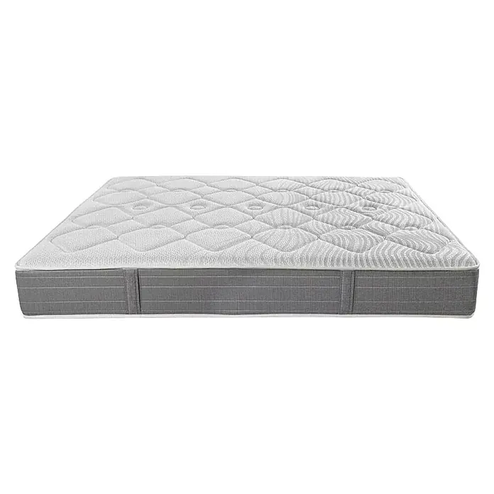Espacio Descanso Colchón - Largo: 190 cm, Ancho: 90 cm, Altura: 26 cm, Muelles ensacados y Viscoelástica - Primer plano de un colchón gris con superficie acolchada. El colchón presenta un diseño moderno y promete un alto confort para dormir.