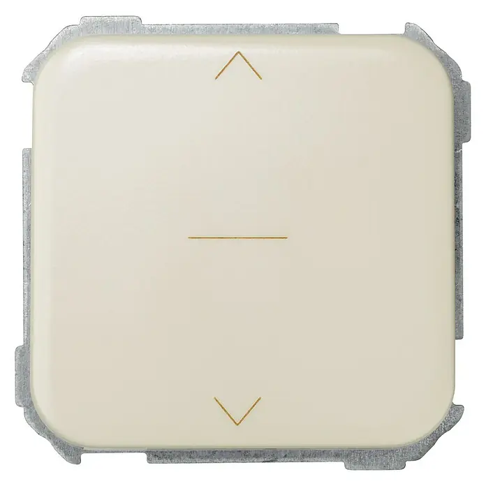 Simon 31 Interruptores para persianas - Marfil, Montaje en la pared - Primer plano de un interruptor de persiana color crema con símbolos de subir y bajar, enmarcado en un marco plateado. Un elemento de diseño moderno para la domótica.