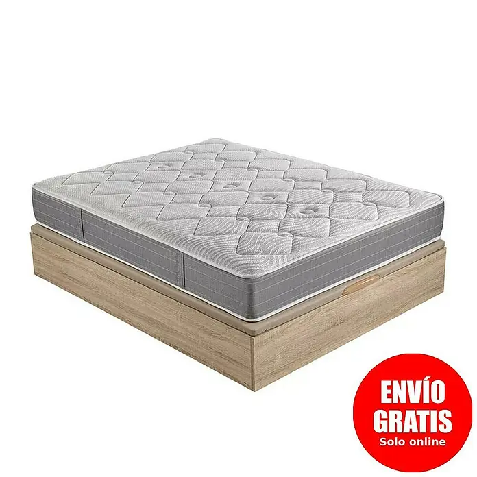Espacio Descanso Canapé y colchón - L x An x Al: 190 x 105 x 58 cm, Natural, Abatible, Muelles ensacados y Viscoelástica - Un colchón sobre un somier con costuras cuadradas y un borde gris para un sueño reparador.