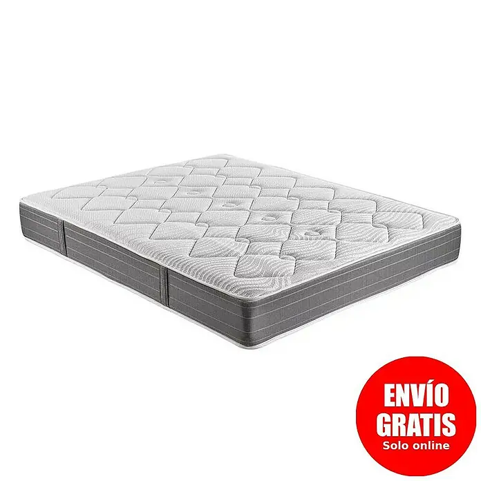 Espacio Descanso Colchón - Largo: 190 cm, Ancho: 90 cm, Altura: 26 cm, Muelles ensacados y Viscoelástica - Primer plano de un colchón de alta calidad con superficie acolchada y borde gris. Perfecto para un sueño reparador.