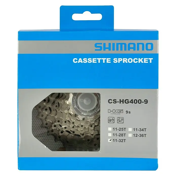 Shimano Kassetten-Zahnkranz - 11 - 32 Zähne, 9-fach - Shimano CS-HG400-9 Kassette für Fahrräder. Das Zahnkranzpaket bietet präzise Schaltvorgänge und ist ideal für Mountainbikes und Trekkingräder.