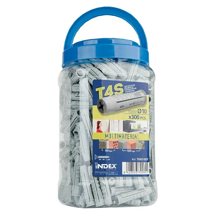 Index Taco universal TN4S06EP - Ø x L: 6 x 30 mm, 1.000 ud. - Un recipiente de tacos de nylon T4S, ideal para diversos materiales, con un tamaño de 10x50 Ø10 y una cantidad de 300 unidades.