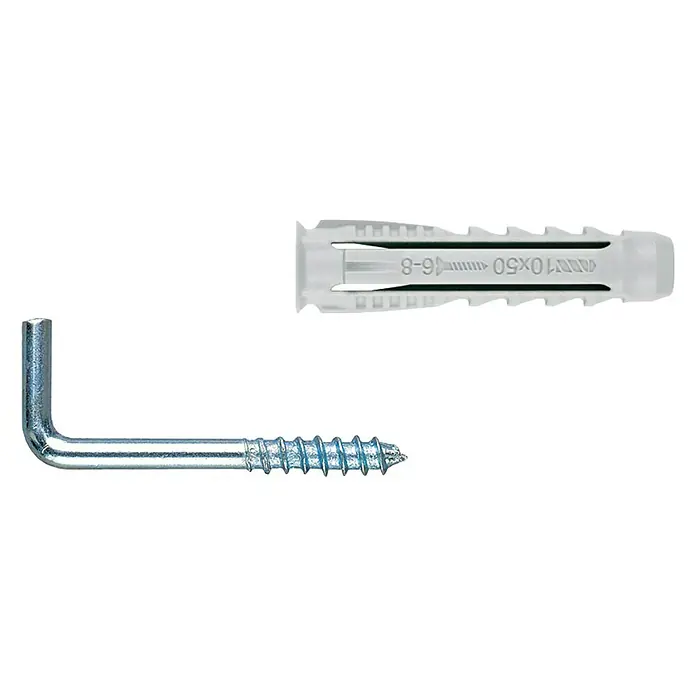 Index Taco BZALROTS05 - Ø x L: 5 x 40 mm, 6 ud., Gris claro - Un gancho de rosca y un anclaje. Ideal para un montaje seguro en paredes y techos, para fijaciones y sujeciones colgantes fiables.