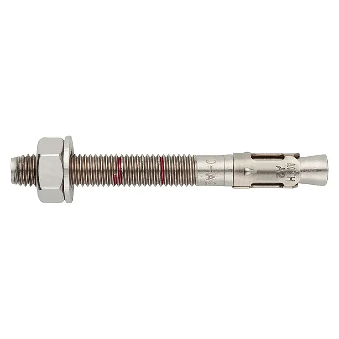 Index Anclaje de alto rendimiento BZMI08075 - Ø x L: 8 x 75 mm - Imagen de un anclaje de perno MTH A2, que muestra el perno roscado, la tuerca y la arandela. El anclaje es ideal para fijar en hormigón y mampostería.