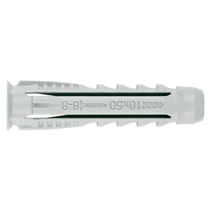 Index Taco universal BZTN4S08 - Ø x L: 8 x 40 mm, Plástico, 15 ud. - Primer plano de un taco universal blanco etiquetado 10X50 y 6-8, ideal para fijaciones seguras.