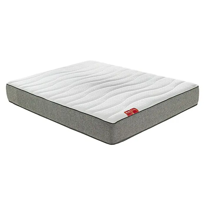 Pikolin Colchón PikUp Ultra - Largo: 190 cm, Ancho: 150 cm, Altura: 26 cm, Espuma HR y Viscoelástica, Se entrega enrollado - Primer plano de un moderno colchón con borde gris y cubierta acolchada blanca, ideal para un descanso reparador.