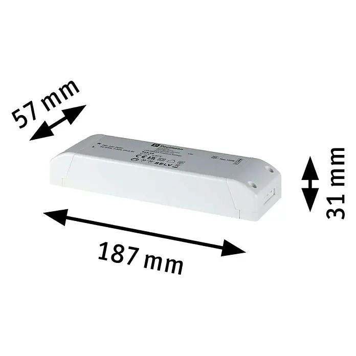 Paulmann ULine Trafo - 150 W - Produktansicht des LED-Treibers von Paulmann mit den Maßen 187 mm Länge, 57 mm Breite und 31 mm Höhe zur besseren Produktorientierung.