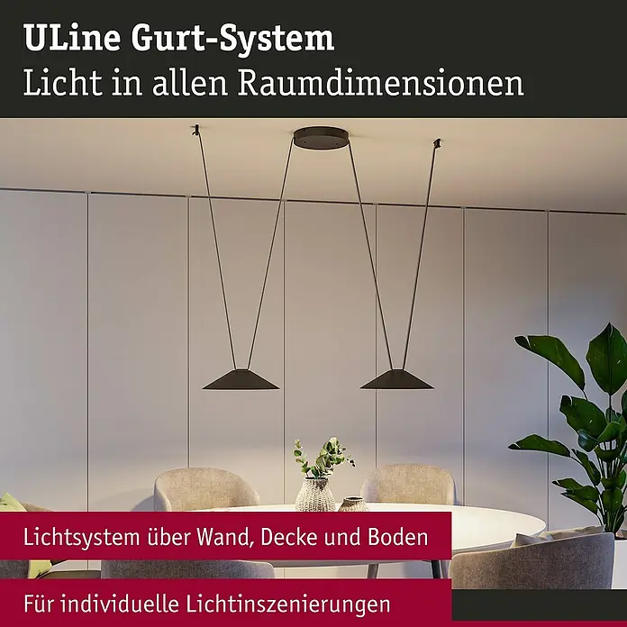 Paulmann ULine Trafo - 60 W - Moderne ULine Gurt-System Pendelleuchten in Schwarz über einem Esstisch, die Licht in alle Raumdimensionen bringen und für individuelle Lichtinszenierungen sorgen.