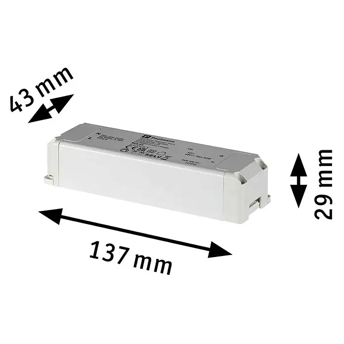 Paulmann ULine Trafo - 60 W - Abbildung eines Paulmann LED-Trafos mit den Maßen 43 x 29 x 137 mm, ideal für den sicheren Betrieb von LED-Beleuchtungssystemen.