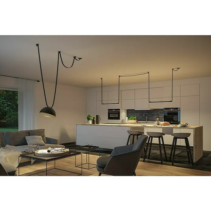 Paulmann ULine Trafo - 60 W - Moderne Wohnküche mit minimalistischer Beleuchtung. Die Pendelleuchten setzen elegante Akzente über der Kücheninsel und im Wohnbereich.