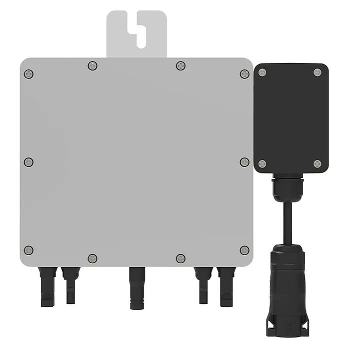 Wechselrichter SUN-M80G4-EU-Q0 - 0% MwSt. (gem. § 12 Abs. 3 UStG) - Leistungsaufnahme: 800 W - Produktansicht eines Mikrowechselrichters mit diversen Anschlüssen und Befestigungselement.