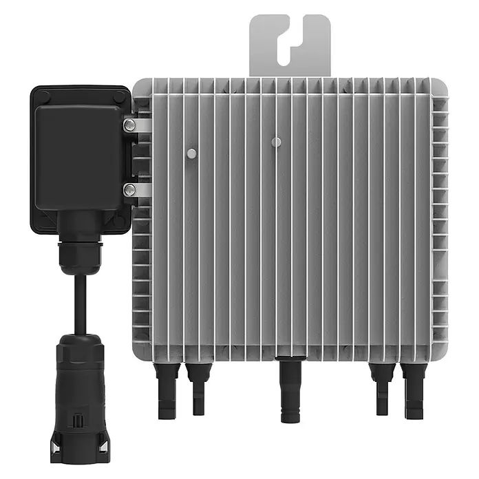 Wechselrichter SUN-M80G4-EU-Q0 - 0% MwSt. (gem. § 12 Abs. 3 UStG) - Leistungsaufnahme: 800 W - Detailliertes Bild eines Solarwechselrichters, der die Effizienz von Solaranlagen optimiert.