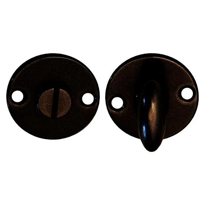 Condena 2714 - Aluminio, Negro - Primer plano de un conjunto de cierres de bolso color bronce, con dos piezas metálicas redondas con tornillos y ojales.