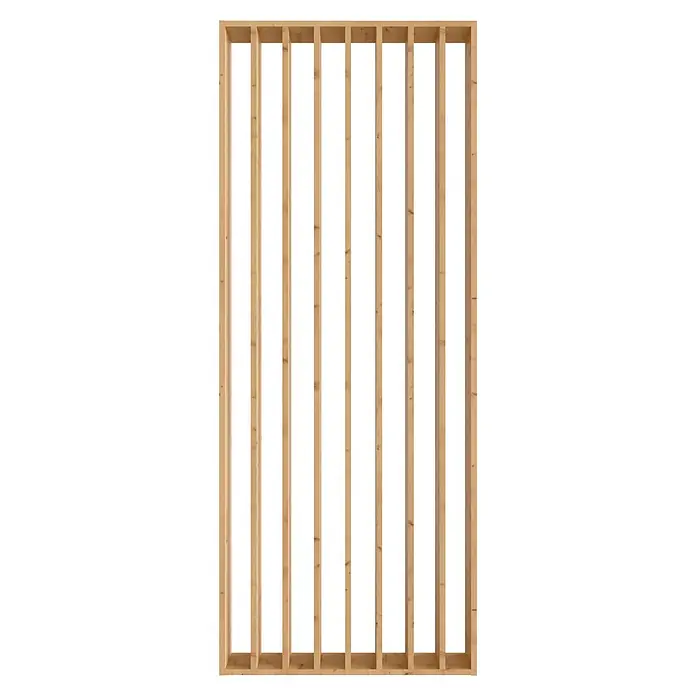 Radex Divisor de espacios - An x Al: 100 x 254 cm, Pino, Fijo - Construcción con entramado de madera con postes verticales y travesaños horizontales. La estructura de madera es clara y moderna.