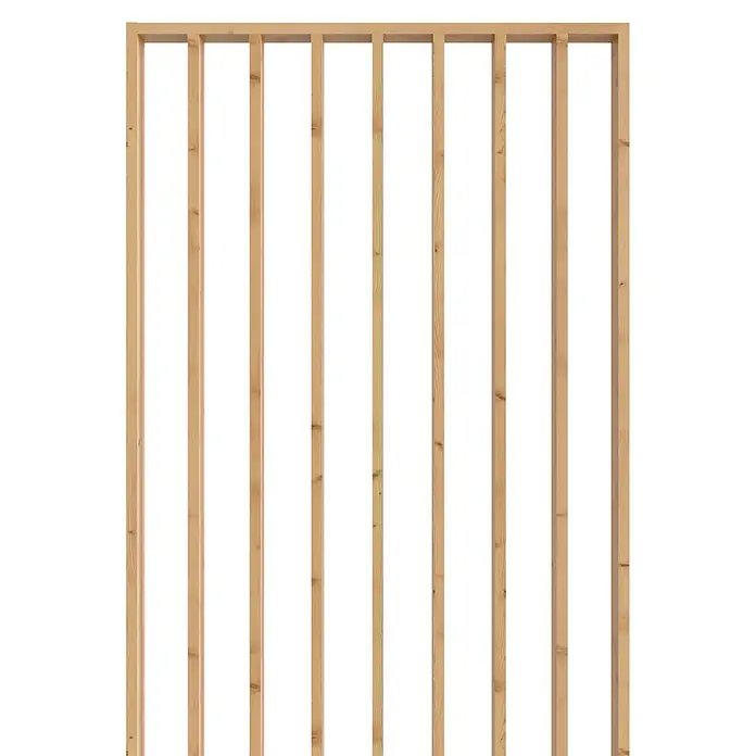 Radex Divisor de espacios - An x Al: 100 x 254 cm, Pino, Fijo - Pared de madera con listones verticales y espacios entre ellos. Color madera natural y diseño rústico.