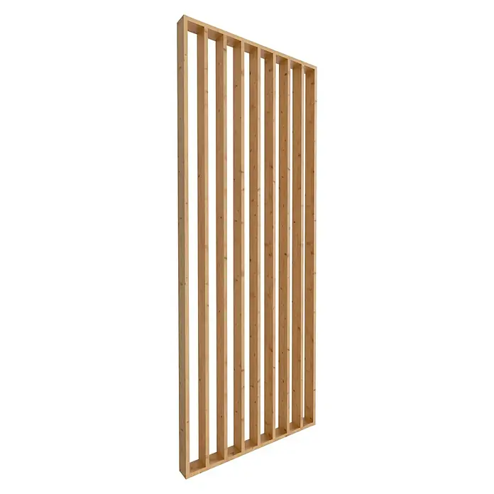 Radex Divisor de espacios - An x Al: 100 x 254 cm, Pino, Fijo - Vista de una pared de listones de madera, ideal como separador de ambientes o elemento decorativo. Madera natural, versátil para diseño individual.