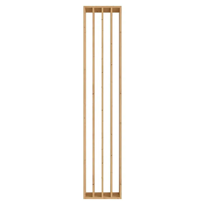 Radex Divisor de espacios - An x Al: 50 x 254 cm, Pino, Fijo - Primer plano de un marco de pared de madera, que destaca la integridad estructural y la construcción en bruto de una casa o edificio.