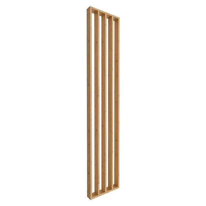 Radex Divisor de espacios - An x Al: 50 x 254 cm, Pino, Fijo - Esta imagen muestra una estructura de marco de madera con montantes verticales y soportes horizontales, ideal para proyectos de construcción.
