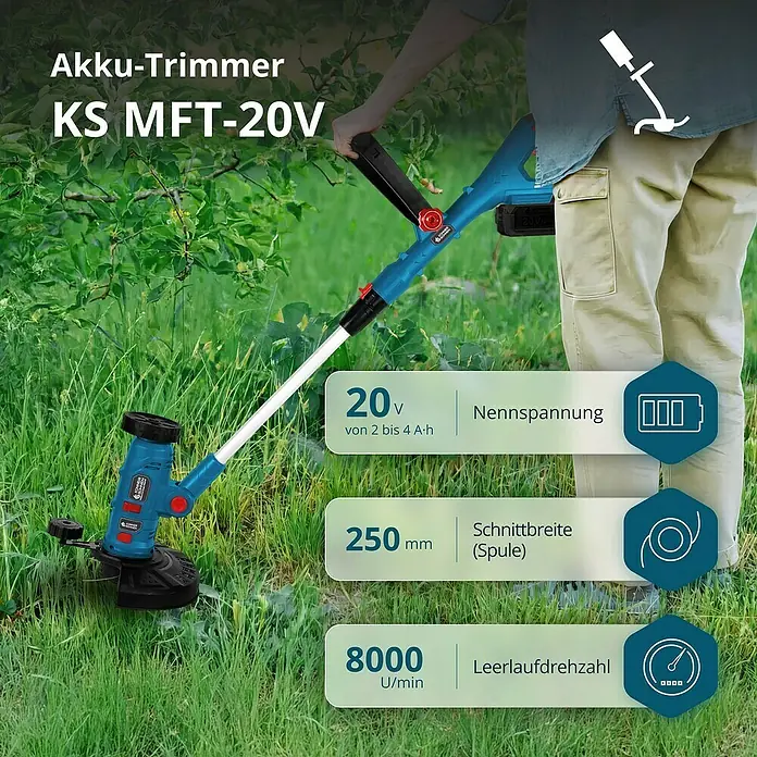 Könner & Söhnen Akku-Rasentrimmer KS MFT-20V - Ohne Akku, Schnittbreite Messer: 22 cm, Schnittbreite Faden: 25 cm - Bild einer Akku-Trimmer KS MFT-20V im Einsatz im Garten, mit Details zu Spannung, Schnittbreite und Leerlaufdrehzahl.