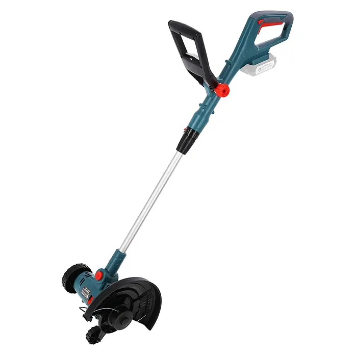 Könner & Söhnen Akku-Rasentrimmer KS MFT-20V - Ohne Akku, Schnittbreite Messer: 22 cm, Schnittbreite Faden: 25 cm - Abbildung eines Akku-Rasentrimmers mit verstellbarem Teleskopstiel und drehbarem Kopf für präzises Kantenschneiden.