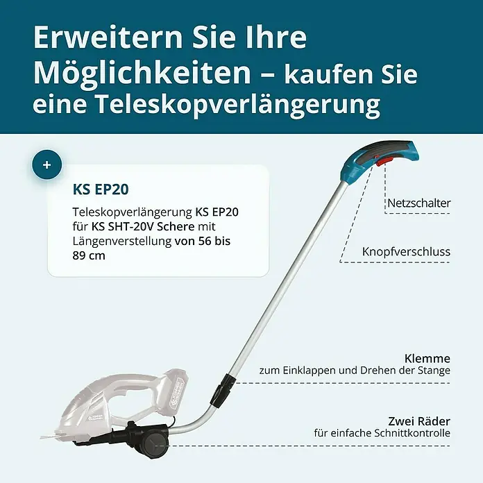Könner & Söhnen Akku-Gras- & Strauchschere KS SHT-20V -  - Produktbild der KS EP20 Teleskopverlängerung für KS SHT-20V Schere mit Längenverstellung von 56 bis 89 cm.