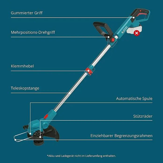 Könner & Söhnen Akku-Rasentrimmer KS CST-20V - Li-Ionen, Ohne Akku, Schnittbreite Faden: 30 cm - Abbildung eines Rasentrimmers mit Details wie Gummigriff, Mehrpositions-Drehgriff, Teleskopstange und automatische Spule.