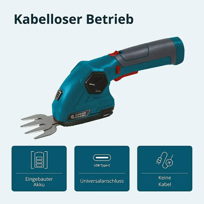 Könner & Söhnen Akku-Gras- & Strauchschere KS SHT-8V -  - Kabellose Akku-Grasschere mit USB-Anschluss für flexiblen Einsatz im Garten. Das Gerät ist kabellos und leicht zu bedienen.