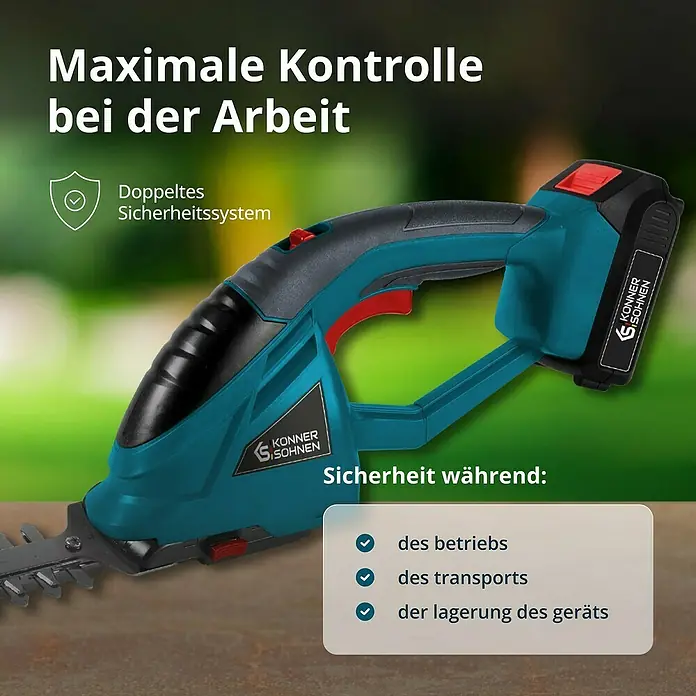 Könner & Söhnen Akku-Gras- & Strauchschere KS SHT-20V -  - Das Bild zeigt eine akkubetriebene Heckenschere von Konner & Söhnen, die maximale Kontrolle und Sicherheit bei der Gartenarbeit bietet.