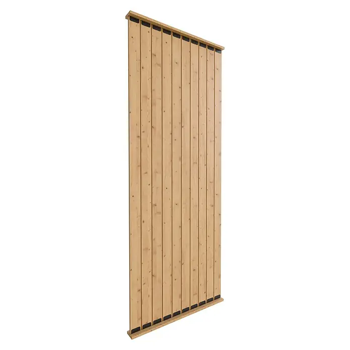 Radex Divisor de espacios - An x Al: 100 x 254 cm, Pino, Móvil - Vista de una pared de madera con tablones y acentos oscuros. La construcción de madera se ve moderna y natural.