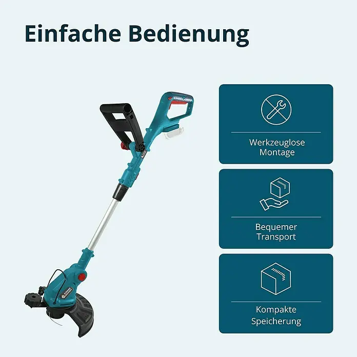 Könner & Söhnen Akku-Rasentrimmer KS GT-20V - 20 V, Ohne Akku, Schnittbreite Messer: 22 cm, Schnittbreite Faden: 25 cm - Abbildung eines Akku-Rasentrimmers, der einfache Bedienung, werkzeuglose Montage, bequemen Transport und kompakte Speicherung bietet.
