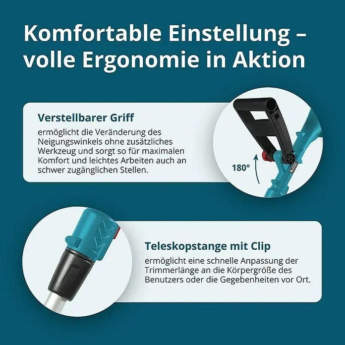 Könner & Söhnen Akku-Rasentrimmer KS GT-20V - 20 V, Ohne Akku, Schnittbreite Messer: 22 cm, Schnittbreite Faden: 25 cm - Produktbild mit Details zum verstellbaren Griff und zur Teleskopstange mit Clip für komfortable Nutzung.