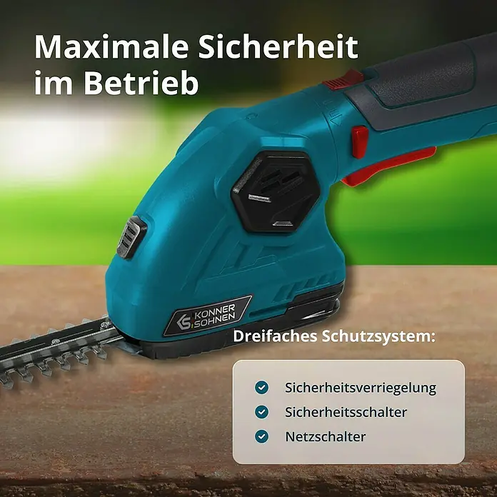 Könner & Söhnen Akku-Gras- & Strauchschere KS SHT-8V -  - Detailansicht einer Akku-Heckenschere von Konner & Söhnen, die maximale Sicherheit im Betrieb bietet durch dreifaches Schutzsystem.