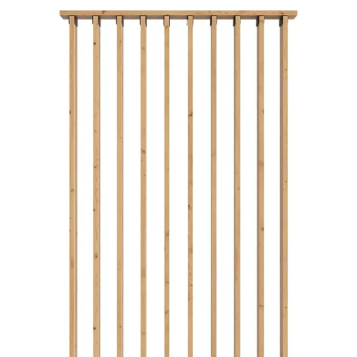 Radex Divisor de espacios - An x Al: 100 x 254 cm, Pino, Móvil - Pared de listones de madera con listones verticales estrechos y un marco de madera horizontal superior como separador de ambientes.