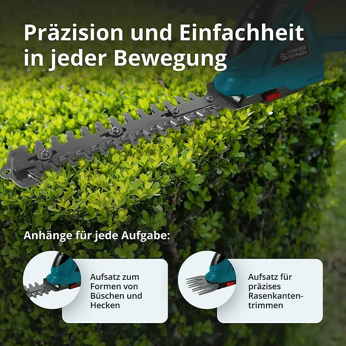 Könner & Söhnen Akku-Gras- & Strauchschere KS SHT-20V -  - Die Akku-Heckenschere für präzise Formschnitte. Inklusive Aufsätze für Büsche, Hecken und Rasenkanten.